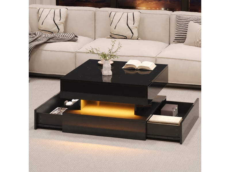  Table basse relevable noire 65 x 65 cm, led, rangement caché et 2 tiroirs, effet brillant  - Conforama D
