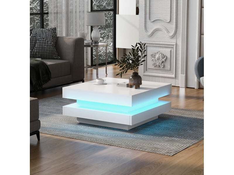  Table basse carrée 70x70x36 cm led bluetooth contrôlable, design futuriste, panneau de particules laqué, blanc  - Conforama W