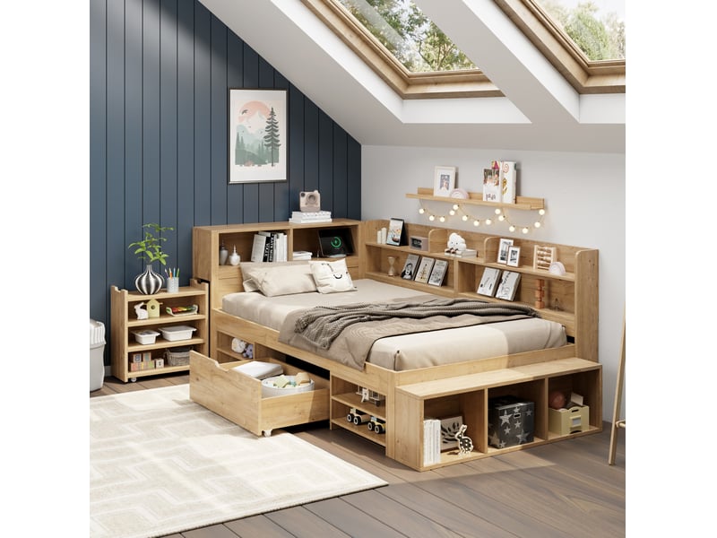  Lit enfant avec rangements 90x200 cm, tiroirs, étagères et sommier, naturel  - Conforama D