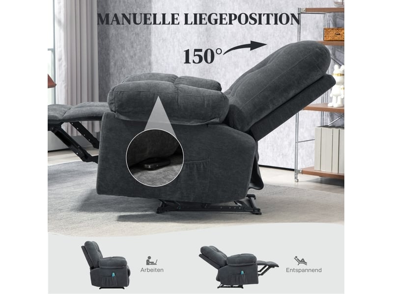  Fauteuil relax massant 100x102x107 cm inclinable 150° 8 points de vibration gris foncé  - Conforama D