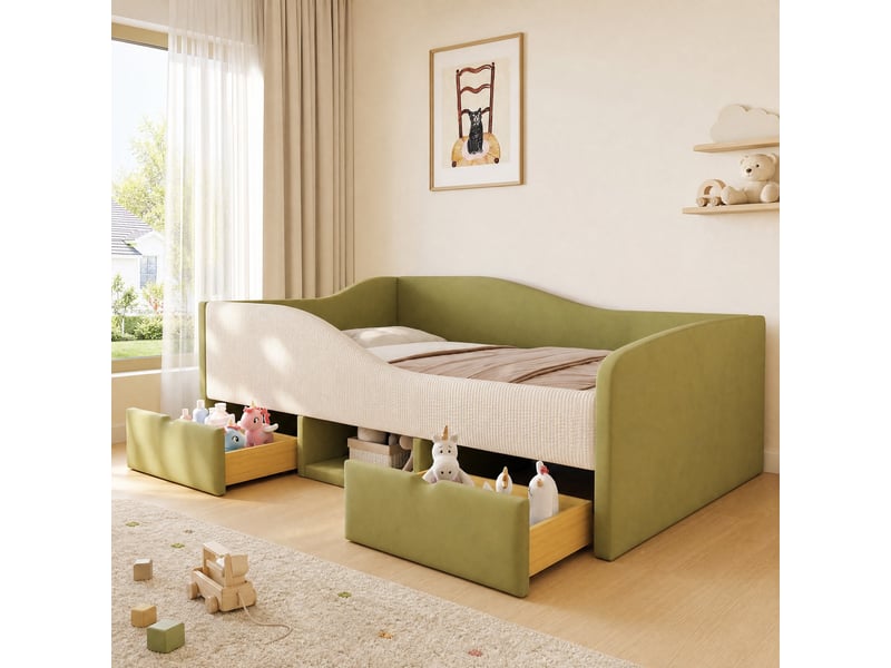  Lit enfant avec rangements 90 x 190 cm, vert foncé et blanc ivoire, avec 2 tiroirs, sans matelas  - Conforama C