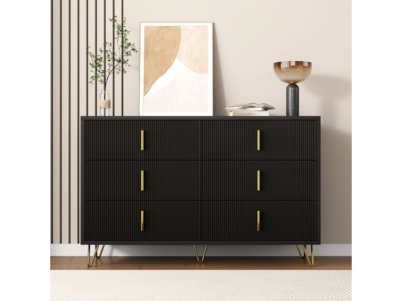  Commode buffet en panneaux de particules avec 6 tiroirs et poignées dorées,noir commode noir - Conforama B