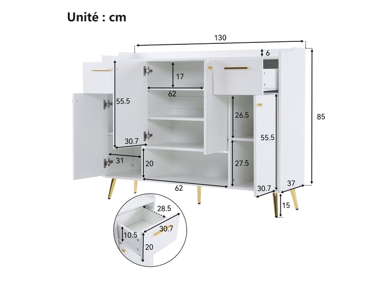  Meuble à chaussures 2 tiroirs et 4 portes, design moderne avec pieds métal, blanc - 130x37x100 cm  - Conforama C