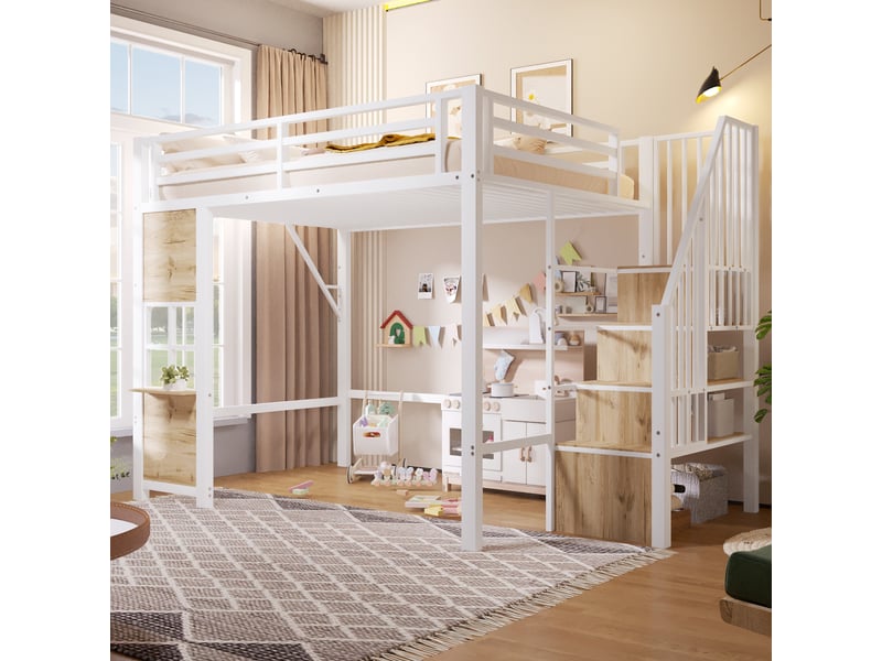  Lit mezzanine enfant 140x200cm avec échelle de rangement et fenêtre avec espace sous le lit, barrière, métal blanc evarich - Conforama E