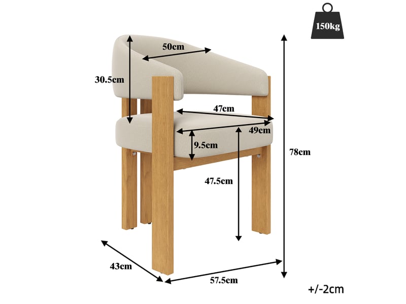  Lot de 2 chaises de salle à manger 49x47x78cm, beige et naturel, métal, effet bois, mobilier de cuisine, rembourrage épais  - Conforama C
