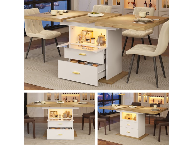  Table à manger extensible 110–140 cm, bois clair et blanc, led et rangement Fay Lum - Conforama E