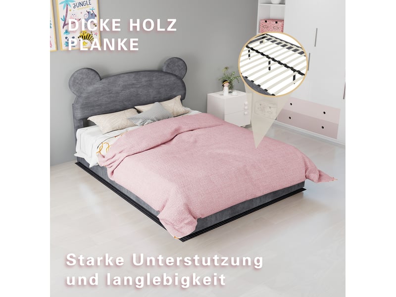  Lit enfant coffre 140x200 cm, tête à oreilles, grand rangement, avec matelas 23 cm, velours et métal gris  - Conforama D