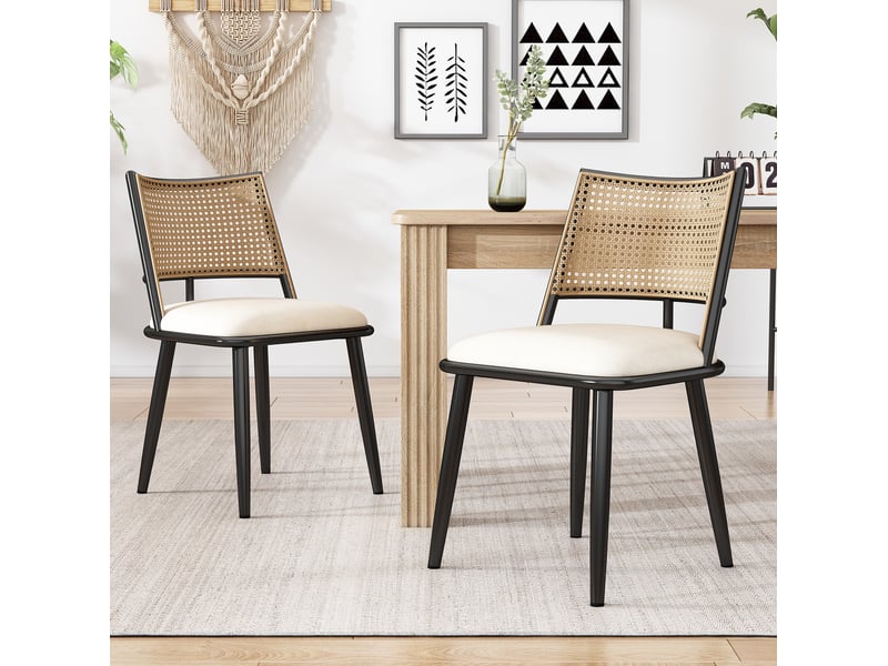  Lot de 2 chaises de salle à manger 46x48x80 cm en métal noir, assise en polyuréthane et dossier en rotin  - Conforama D