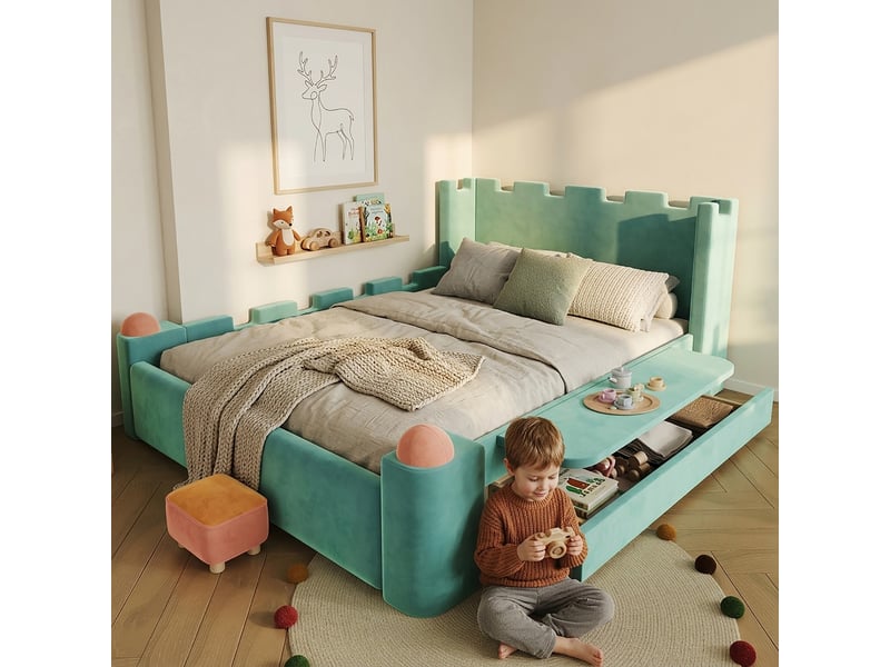  Lit capitonné lit double,140x200cm, avec balustrade de protection, coffre, velours, bleu  - Conforama D