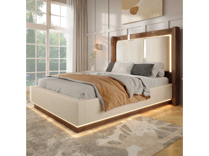  Lit coffre 90x200cm, rangement hydraulique, led, sommier à lattes, lin beige, sans matelas C-DEGAYUN - Conforama B