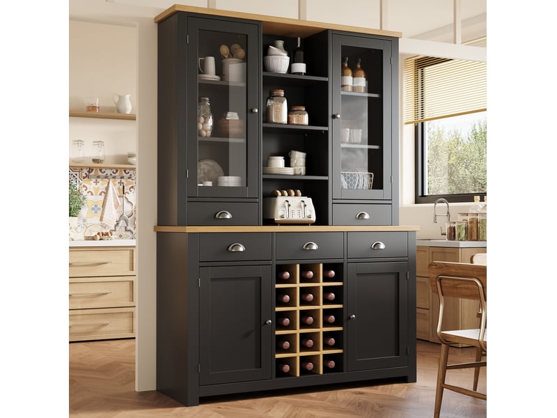  Buffet haut polyvalent avec porte en verre, fermeture soft-close, range-bouteilles amovible, noir  - Conforama B
