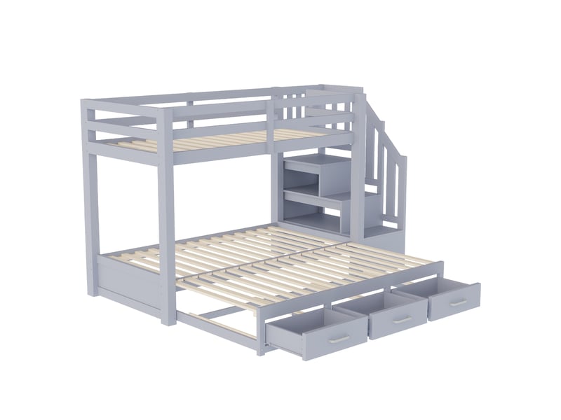 Lit superposé 90x200, lit gigogne extensible 90180x190cm avec escalier de rangement et tiroirs de lit, pour chambre enfant et adolescent, gris - Conforama A