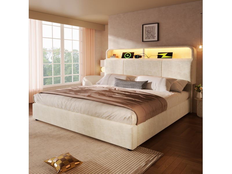  Lit double 140 x 200 cm beige en velours avec rangement hydraulique, led, chargeur usbtype-c et matelas  - Conforama B