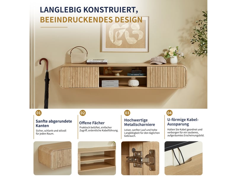 Meuble tv mural suspendu 160x38x30 cm, meuble tv avec rangements ouverts et portes effet ondulé, bois naturel OMNIGLINT TRADING LTD - Conforama E