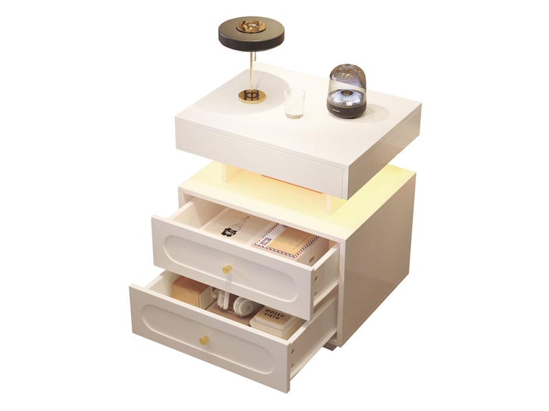  Table de chevet led avec 2 tiroirs et niche ouverte blanc evryae  - Conforama A