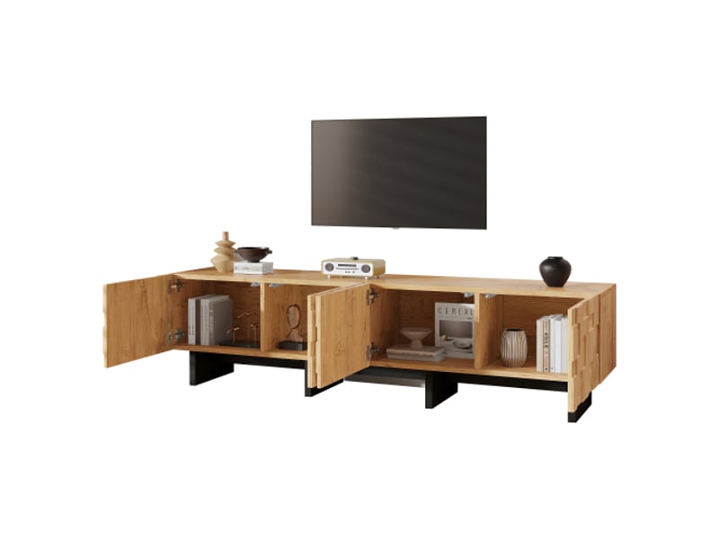  Meuble tv 180 cm – 4 portes, grilles gaufre, bois naturel, 180×38,5×45 cm, support télé 75 pouces  - Conforama D