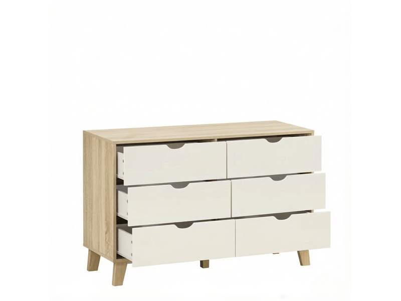  Commode 6 tiroirs 120x40x76 cm, panneau de particules, avec 5 pieds robustes, bicolore blanc et chêne  - Conforama A