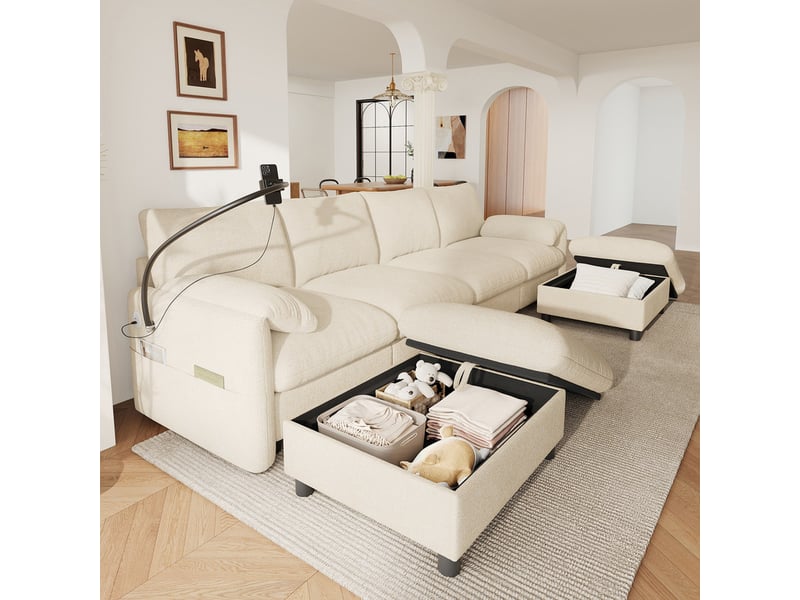  Canapé d'angle modulaire,6 places,avec deux poufs de rangement, port de charge usbtype-c,273,5 x 133 x 81 cm,beige  - Conforama D