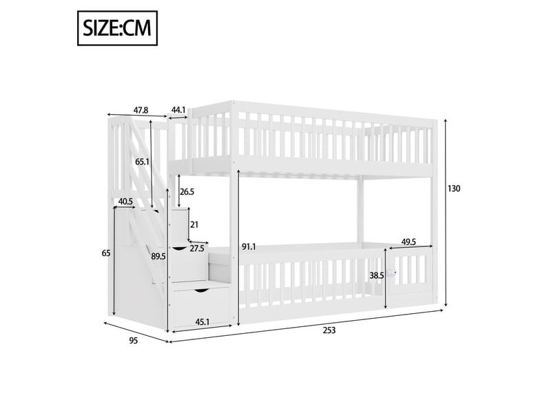 Lit superposé enfant 90 × 200 cm 2 places avec escalier à tiroirs et barrières, sans matelas, en bois massif, blanc  - Conforama D