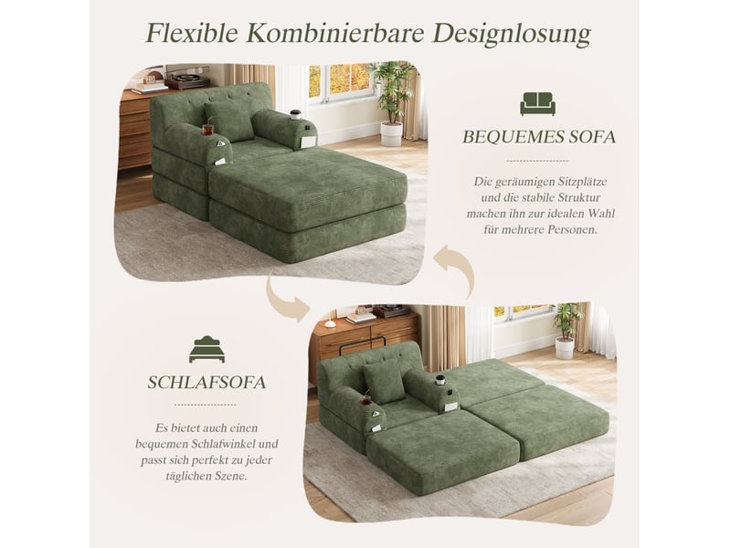  Fauteuil-lit 1 place convertible 107x162x81 cm, couchage déployé 191c162c60 cm, velours côtelé vert sans matelas  - Conforama D