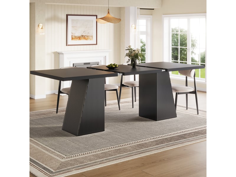  Table à manger extensible 120-160x80 cm pour 4 à 6 personnes, pieds trapézoïdaux à rainures verticales, patins antidérapants, mdf noir  - Conforama C