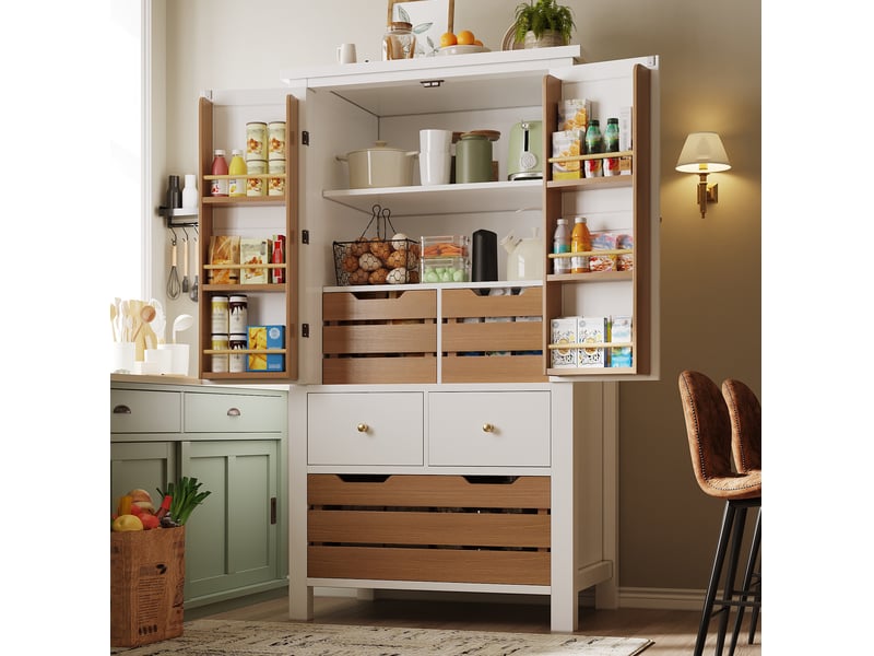  Buffet de cuisine modenvie 80 x 40 x 140 cm 2 portes 5 tiroirs mdf blanc  - Conforama D