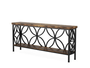 Console industrielle avec étagère ouverte et 2 niveaux pour entrée et salon, en métal et bois, noir, 160 × 29,5 × 80 cm