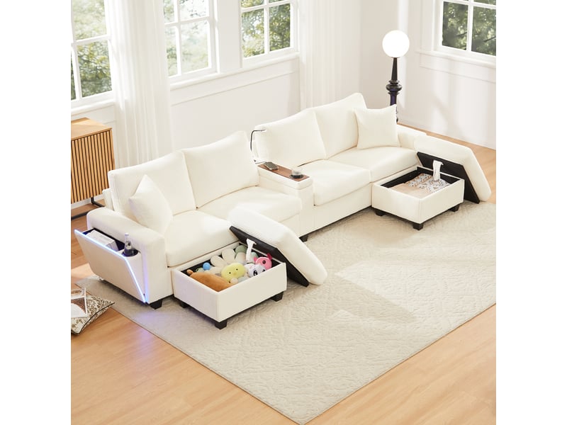 Canapé en u 4 places en velours côtelé beige, 334×128,5×81 cm, 2 poufs avec rangement, lampe de lecture et ports usb - Conforama B