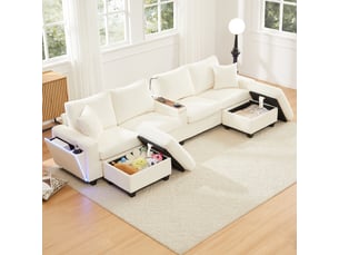Canapé d'angle panoramique convertible <strong>SAPGAKS</strong> <strong></strong> 4 places Velours côtelé beige avec coffre de rangement