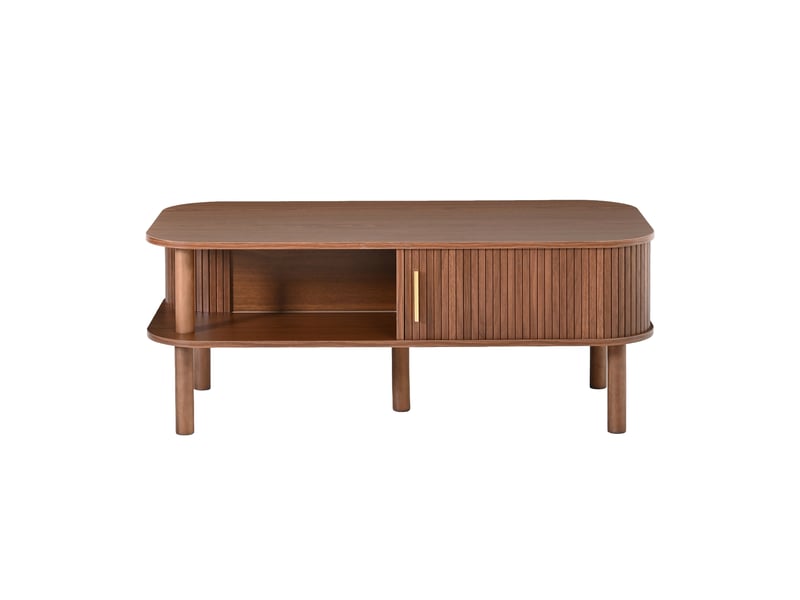 Table basse 110 x 55 x 45 cm - porte coulissante rainurée - rangement ouvert - mdf et bois - noyer - Conforama A