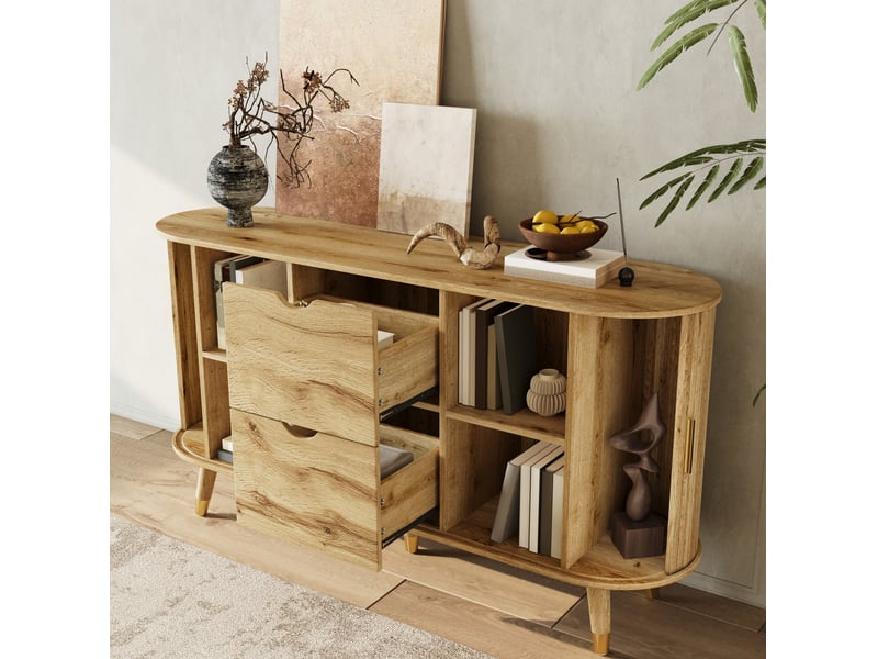 Buffet de rangement 140 cm avec 2 portes coulissantes, 2 tiroirs et étagères réglables evryae - Conforama D