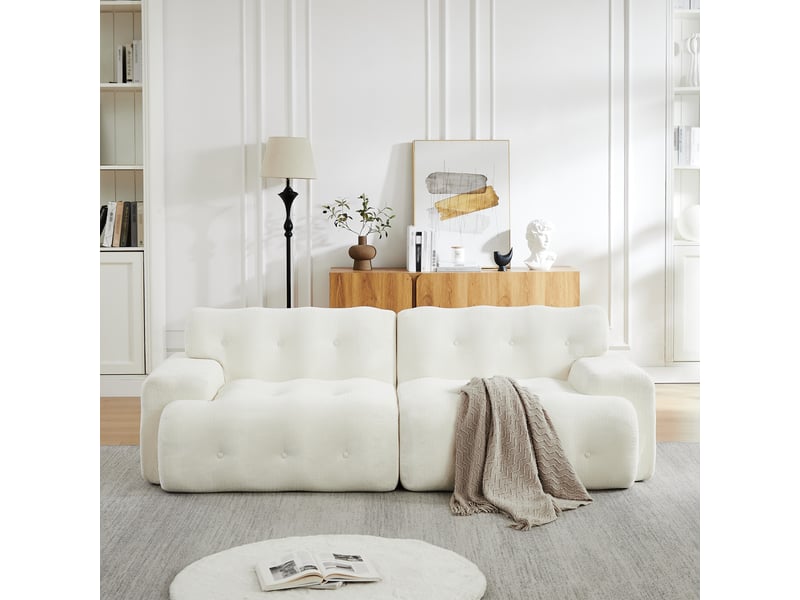 Canapé effet nuage modulable 2 places 224x104x66 cm, assise profonde 68 cm, larges accoudoirs, sans montage, base antidérapante, chenille beige - Conforama B