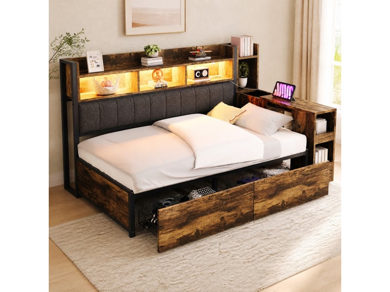  Lit multifonction 90x200 cm avec rangements, bureau coulissant, prises et led  - Conforama B
