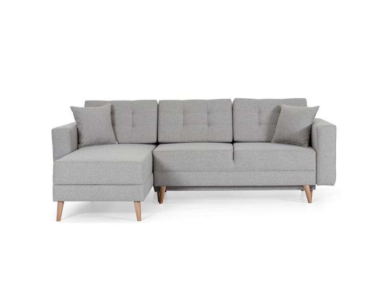  Canapé d'angle convertible hasgard 3 places gris 248x162 cm – coffre et pieds bois  - Conforama D