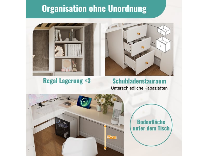  Lit mezzanine avec bureau en l et étagères, lit enfant 90x200 blanc avec ports usbtype-c, sommier inclus  - Conforama E