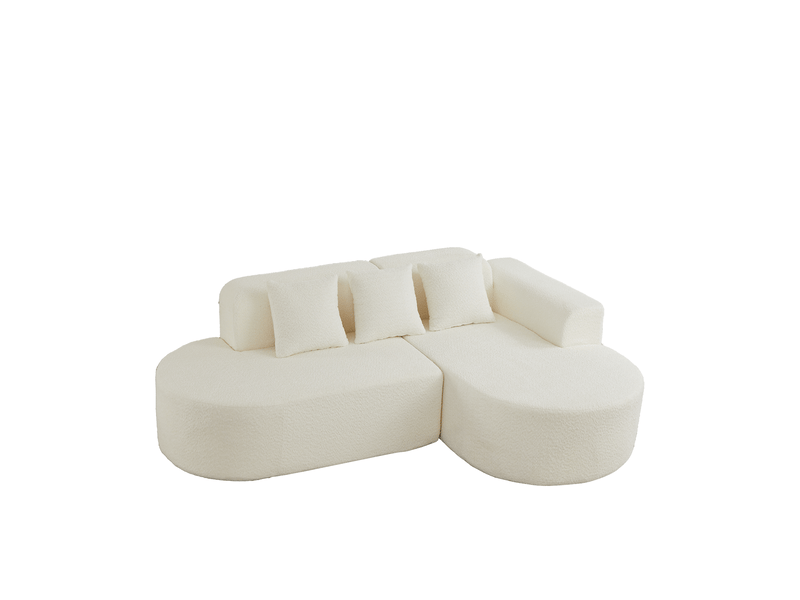  Canapé d'angle droit 3 places 222x157x73 cm crème en tissu chenille, 3 coussins de dossier, design arrondi  - Conforama A
