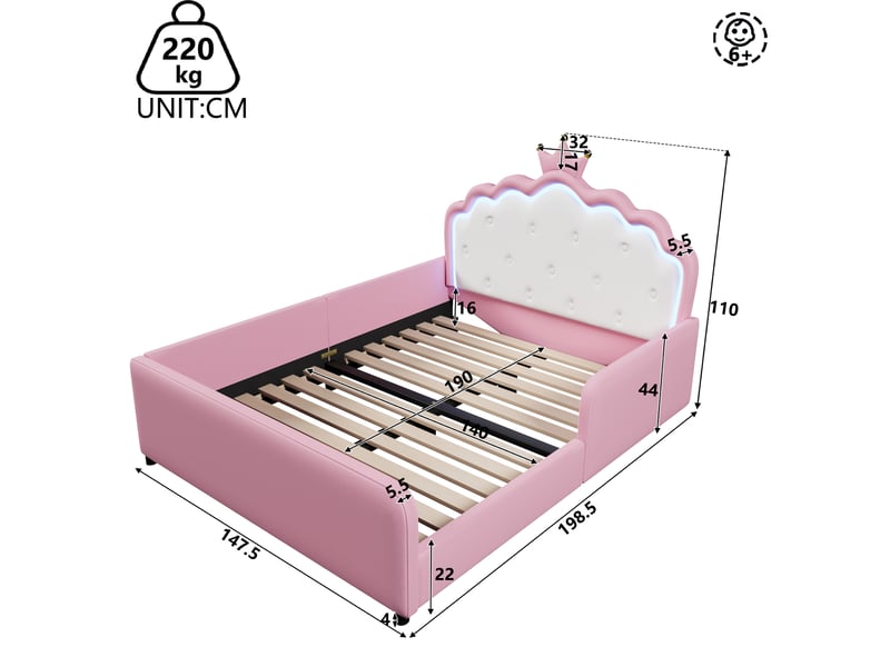  Lit simple enfant 140 x 190 cm avec tête de lit en forme de couronne, barrières latérales et éclairage led, similicuir, rose Morn Vibe - Conforama D