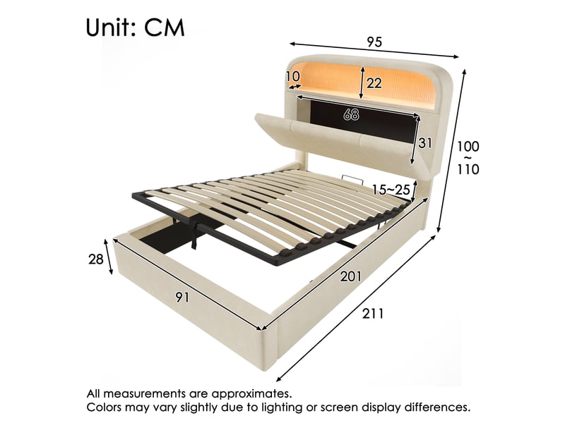  Modenvie lit coffre 90x200 cm - tête de lit réglable avec led et ports usb-c, avec matelas - beige  - Conforama C
