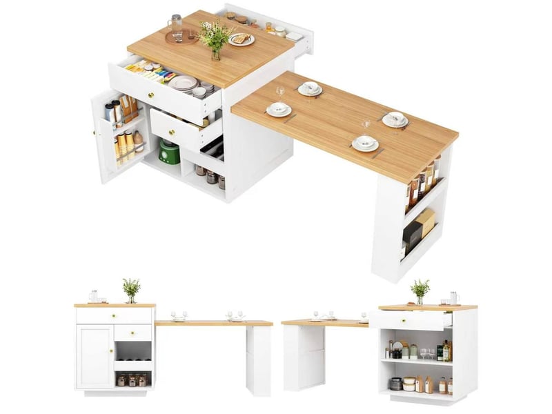  Îlot de cuisine 122,5 à 195,5 x 70 x 93,8 cm blanc en mdf et métal, plateau extensible et rangements intégrés  - Conforama E