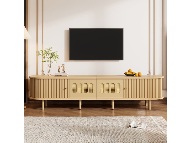  Meuble tv ovale 180 cm en bois clair avec portes en rotin, support pour écran 75 pouces  - Conforama B