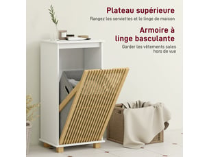 Meuble salle de bain avec panier à linge, blanc et effet bois naturel, porte à lattes en bambou et sac amovible