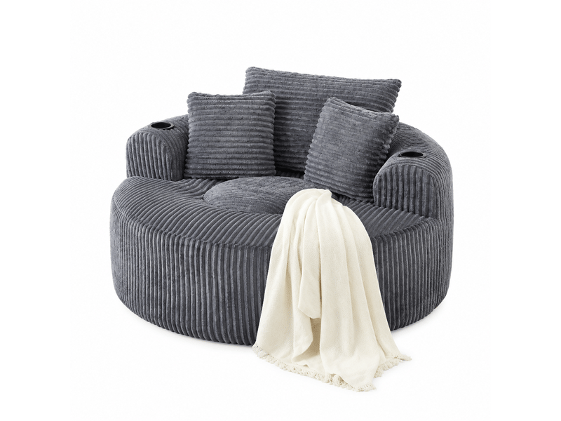  Fauteuil lounge rond 1 place - 3 coussins, 2 porte-gobelets et poches latérales - velours côtelé - gris CozyNest - Conforama A