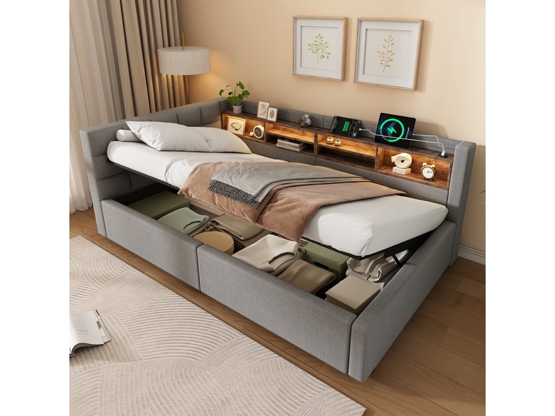 Lit coffre hydraulique 90x200 cm avec led dimmable, étagères, usb et tête réversible, tissu lin gris, sans matelas - Conforama B