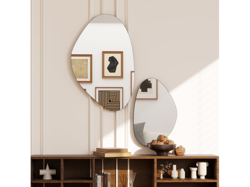  Lot de 2 miroirs muraux irréguliers en verre, cadres métal noir, 70 x 46 cm et 49,5 x 31 cm, style moderne  - Conforama B