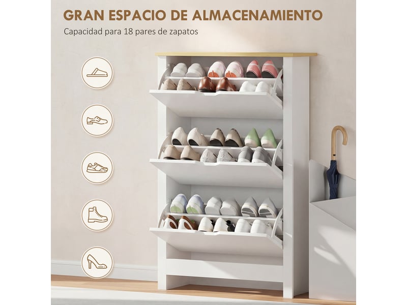  Armoire à chaussures blanche, haute armoire à chaussures avec 3 tiroirs abattants pour 18 paires de chaussures, 72 x 26 x 112 cm, blanche  - Conforama E