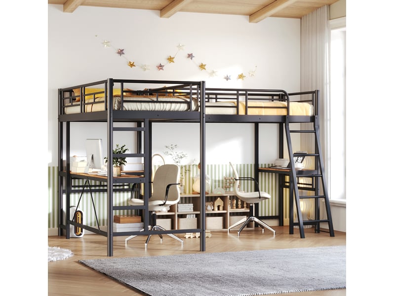 Lit mezzanine 2 places 90x200 cm en métal et mdf noir, avec bureau, double échelle et garde-corps haut, sans matelas - Conforama B