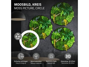 Ecd germany tableau végétal mural stabilisé, ø 40 cm, mélange de mousses avec eucalyptus, fougères et bois naturel, effet 3d, sans entretien, cadre mdf rond, décoration d'intérieur, style jungle