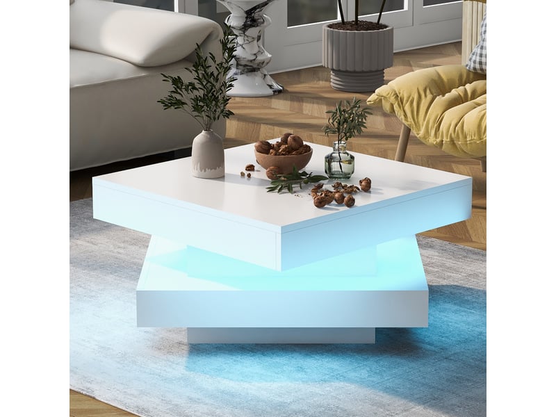  Table basse carrée avec plateau rotatif à 360° et led, finition brillante, en panneaux de particules, blanc - uvrion  - Conforama C