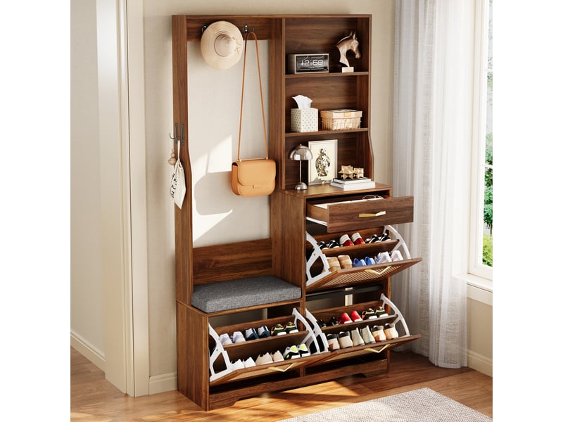 Penderie mobile - armoire, armoire d'entrée avec banc, meuble à chaussures, façade en rotin, patères, tiroirs, noyer - Conforama W