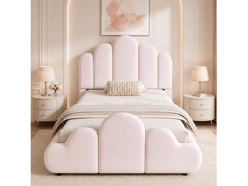  Lit enfant 90x200 cm en velours rose avec sommier à lattes  - Conforama D
